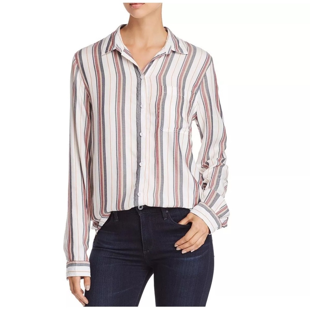Beach Lunch Lounge Womens Red White Blue Gold Striped Button Up Collar Shirt